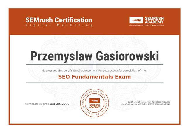 certyfikat SEMrush SEO fundametals - podstawy pozycjonowania